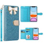 Wholesale Ribbon Bow Crystal Diamond Wallet Case for Apple iPhone 11 [6.1] (Light Blue)